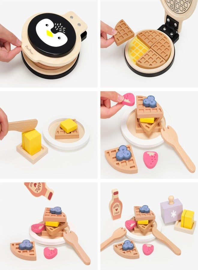 PairPear Wooden Waffle Maker Toy Food Playset, Kids Pretend Play Food Kitchen Accessories, Wooden Cooking Toy Baking Playset, Toddler Play Breakfast Brunch Tea Sets Cutting Food Gift for Girls Boys 3+ - Image 3